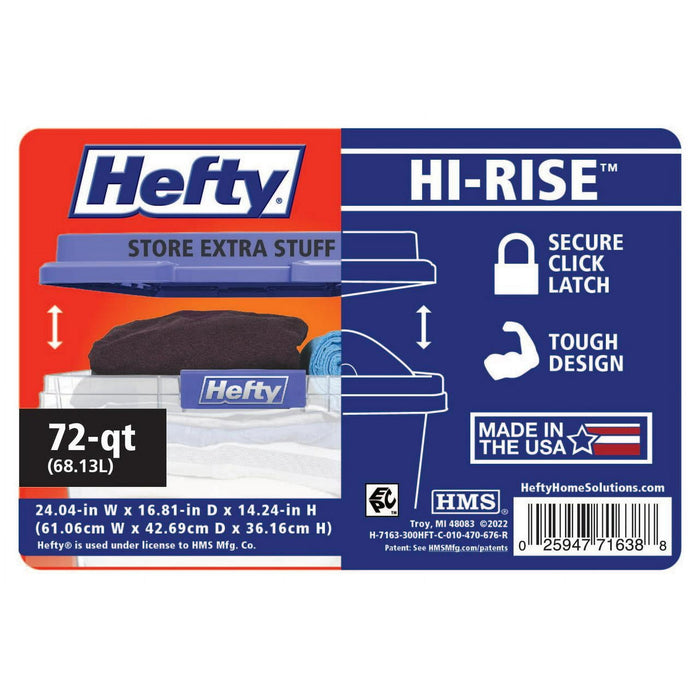 Hefty 72 Quart Clear Plastic Storage Bin with Blue HI-RISE Lid, Adult - new
