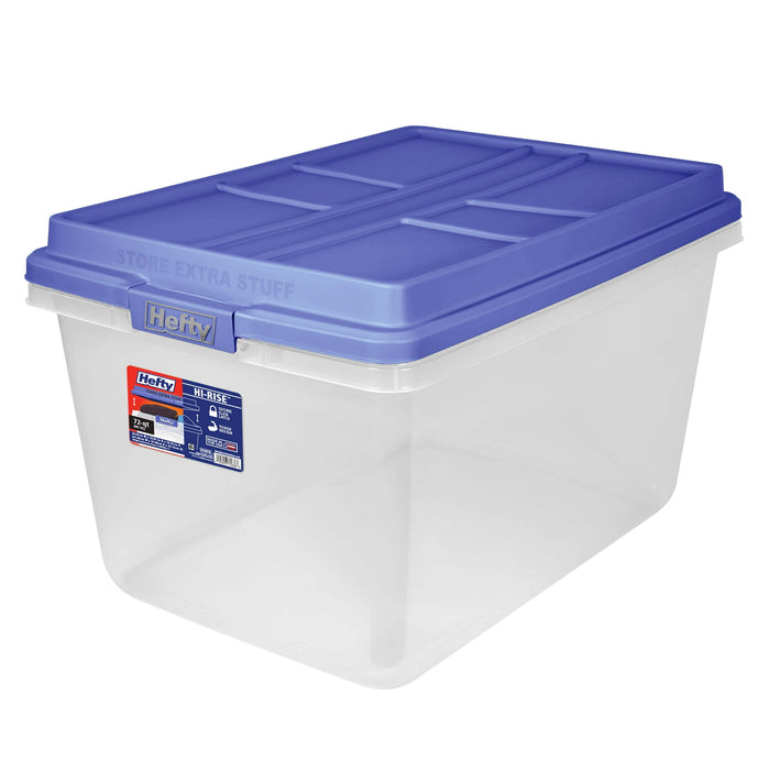 Hefty 72 Quart Clear Plastic Storage Bin with Blue HI-RISE Lid, Adult - new