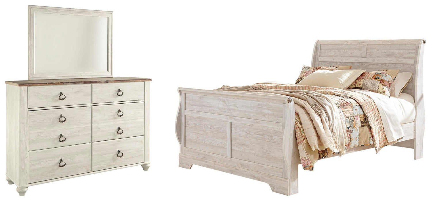 Willowton Whitewash Willowton Queen Sleigh Bed with Mirrored Dresser - Brand New