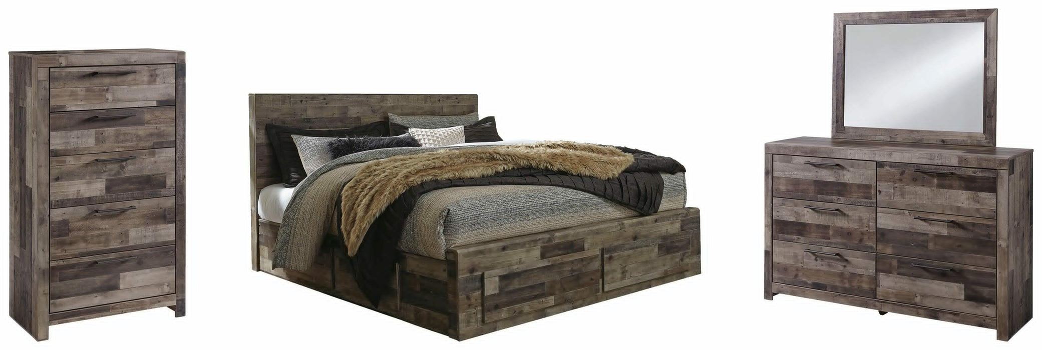 Derekson Multi Gray Derekson King Panel Bed with 6 Storage Drawers with Mirrored Dresser and Chest - Brand New