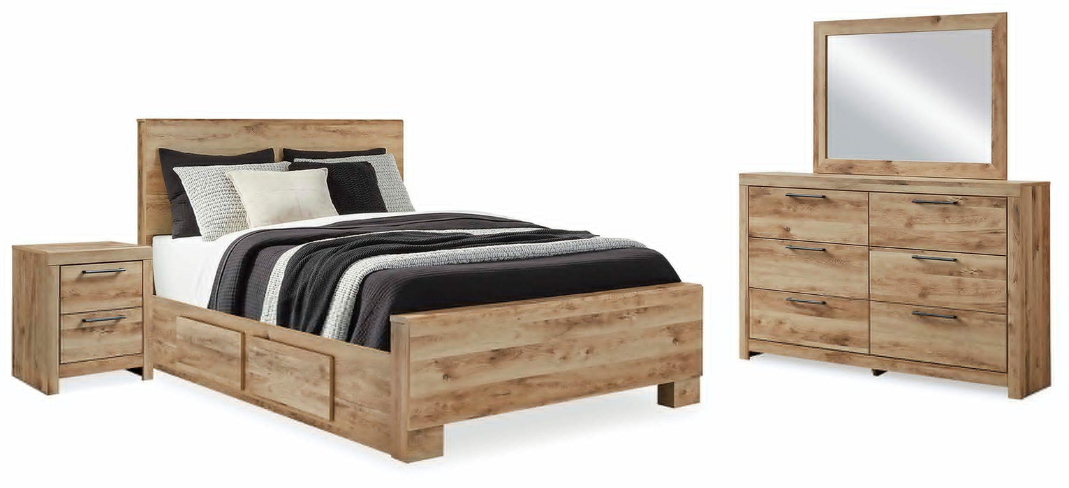 Hyanna Tan Brown Hyanna Queen Panel Bed with 2 Side Storage, Dresser, Mirror and Nightstand - Brand New