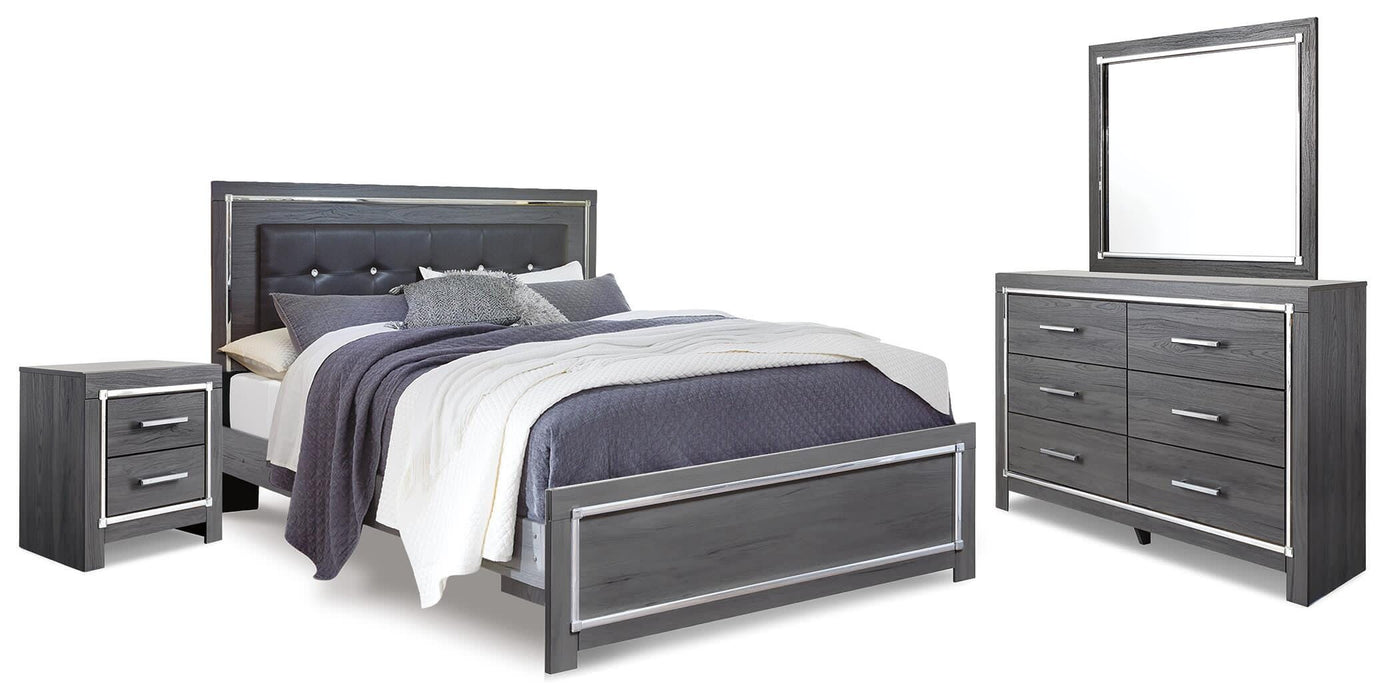 Lodanna Gray Lodanna King Panel Bed with Mirrored Dresser and Nightstand - Brand New