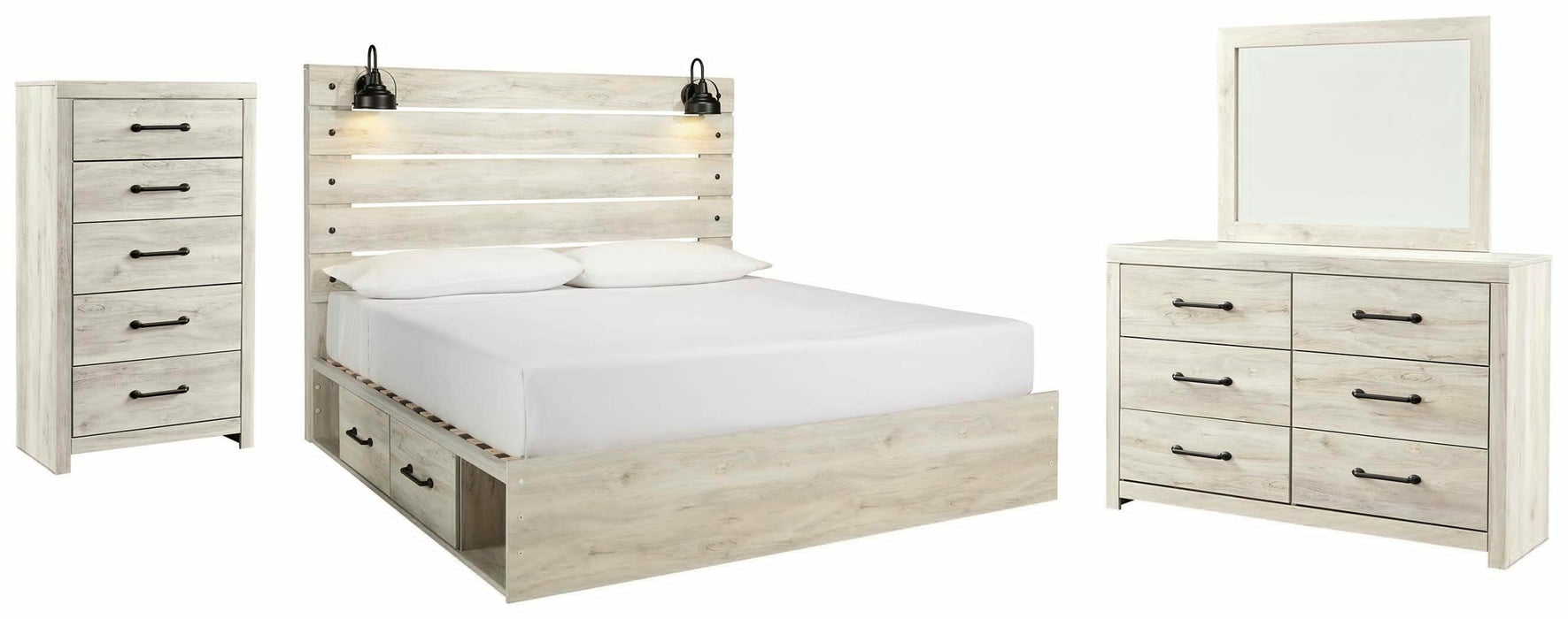 Cambeck Whitewash Cambeck King Panel Bed with 2 Storage Drawers with Mirrored Dresser and Chest - Brand New