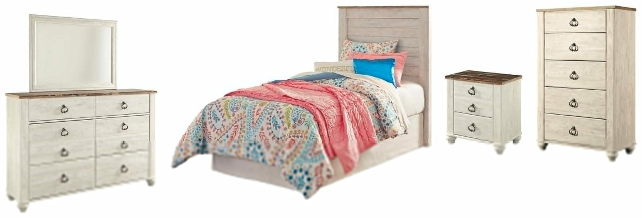 Willowton Whitewash Willowton Twin Panel Headboard Bed with Mirrored Dresser, Chest and Nightstand - Brand New