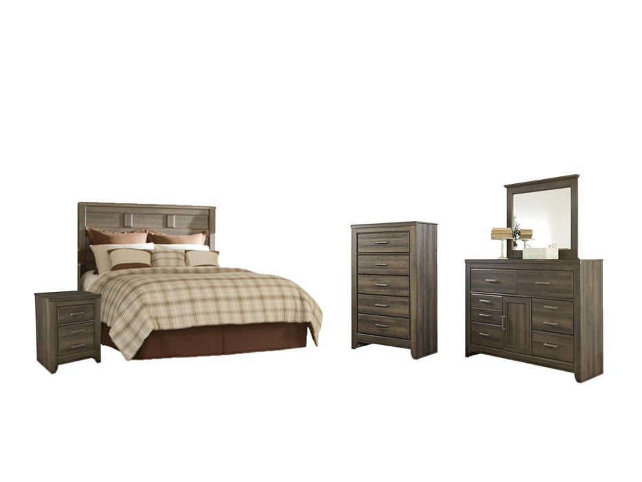 Juararo Dark Brown Juararo Queen Panel Headboard Bed with Mirrored Dresser, Chest and Nightstand - Brand New