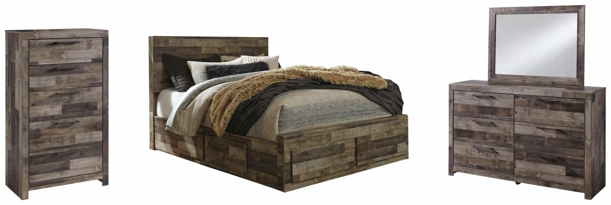 Derekson Multi Gray Derekson Queen Panel Bed with 4 Storage Drawers with Mirrored Dresser and Chest - Brand New