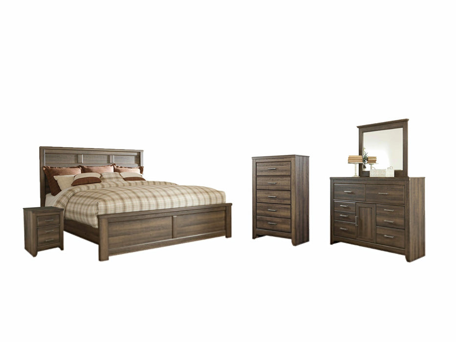 Juararo Dark Brown Juararo Queen Panel Bed with Mirrored Dresser, Chest and Nightstand - Brand New