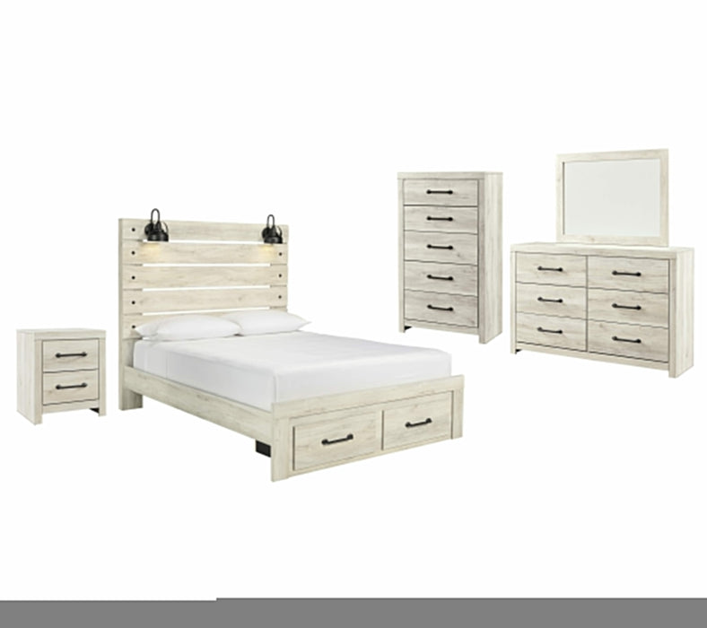 Cambeck Whitewash Cambeck Queen Panel Bed with 2 Storage Drawers with Mirrored Dresser, Chest and Nightstand - Brand New