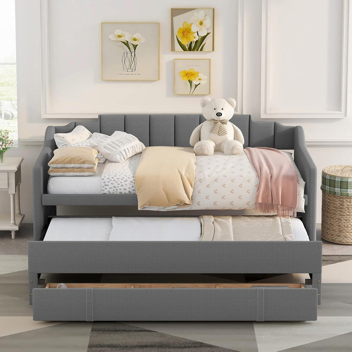 Upholstered Daybed with Trundle, Twin Size Bed Frame with 3 Storrage Drawers or Boys Girls Bedroom (Grey) 2 Boxes - new