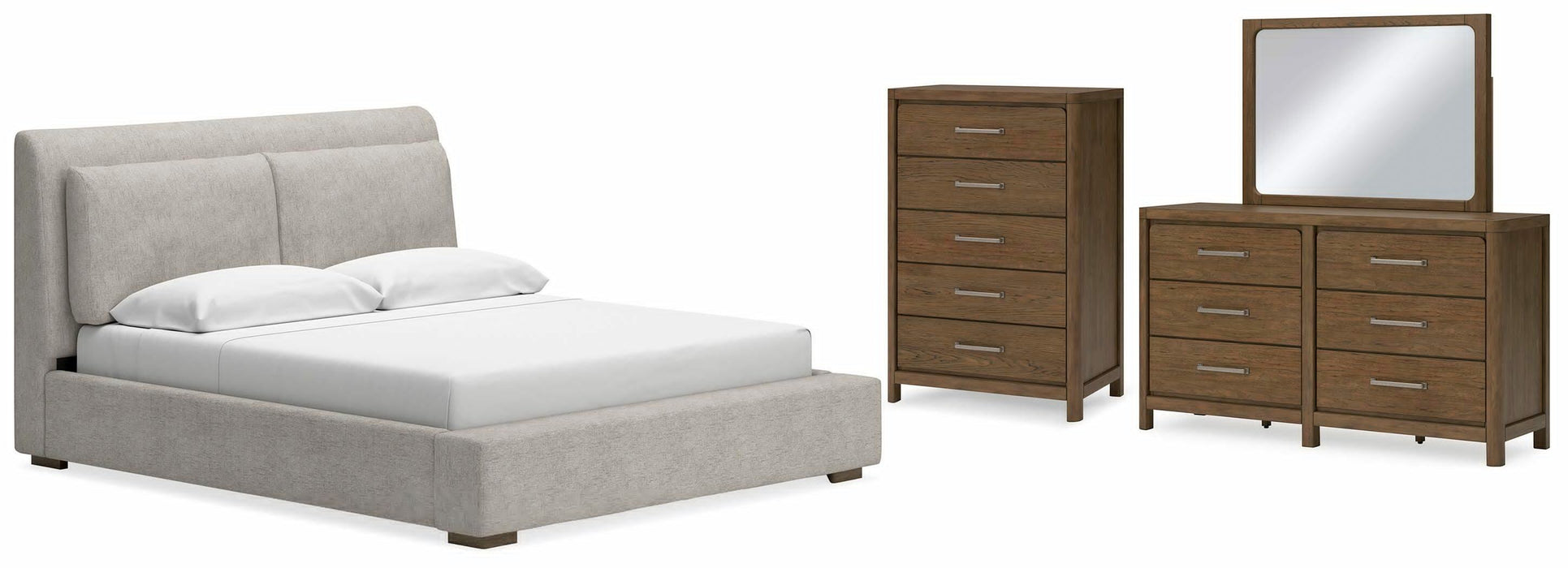 Cabalynn Light Brown Cabalynn California King Upholstered Bed with Mirrored Dresser and Chest - Brand New