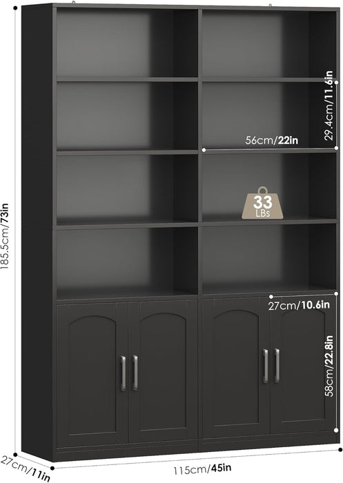 FACBOTALL Bookshelf and Bookcase with Doors, 6 Tier Double Wide Large Bookshelves, Open Display Shelves, 73'' Tall Bookshelf with Storage Cabinets for Home Office, Living Room, Library, Black - new