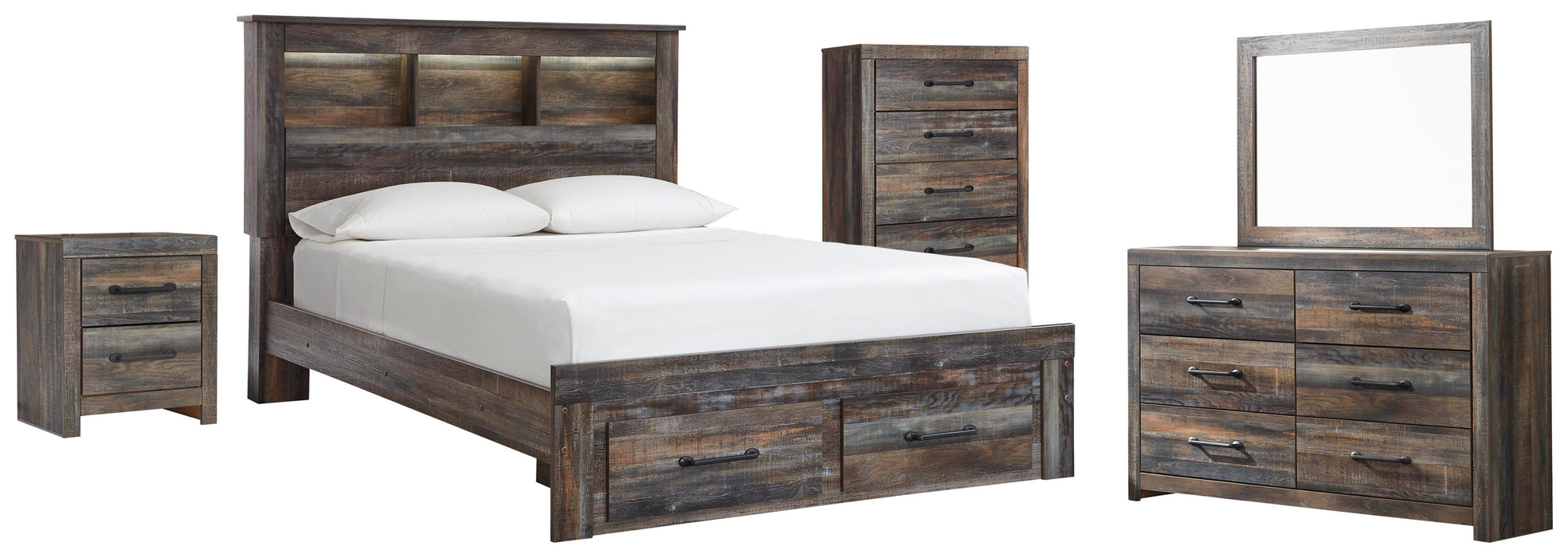 Drystan Multi Drystan Queen Bookcase Bed with 2 Storage Drawers with Mirrored Dresser, Chest and Nightstand