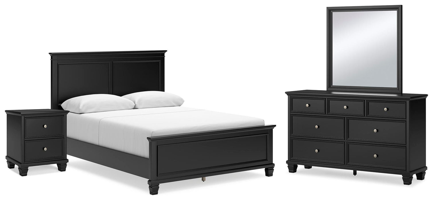 Lanolee Black Lanolee Queen Panel Bed with Mirrored Dresser and Nightstand - Brand New