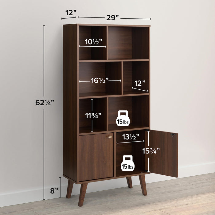 Prepac Milo Mid-Century Modern Bookcase with Six Shelves, Two Doors, and Brushed Brass-Finished Knobs - new