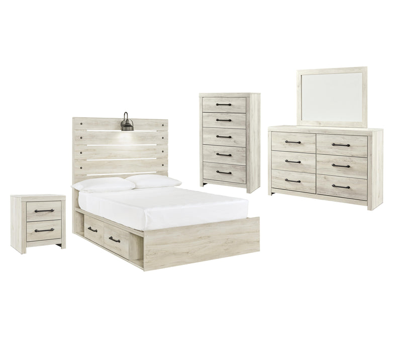 Cambeck Whitewash Cambeck Full Panel Bed with 4 Storage Drawers with Mirrored Dresser, Chest and Nightstand