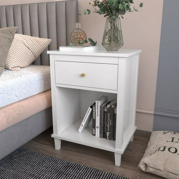 Nightstand with 1 Drawer - Modern Wooden Bedroom Bedside End Table for Home Office Sofa Side Table, Open Cabinet & Sliding Drawer (White, 1 Piece) - new