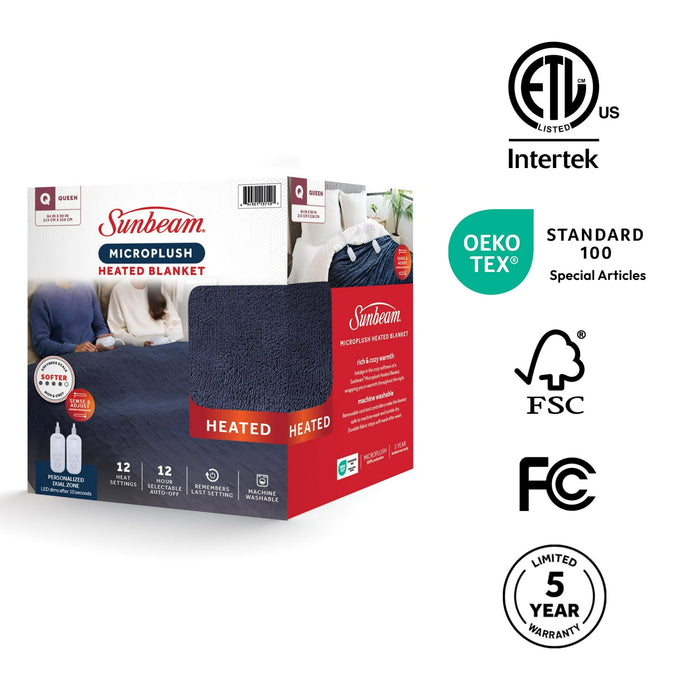 Sunbeam Electric Heated Bed Blanket Navy Soft Microplush 12 Heat Settings Queen 90 x 84 - new