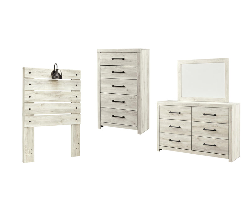 Cambeck Whitewash Cambeck Twin Panel Headboard Bed with Mirrored Dresser and Chest