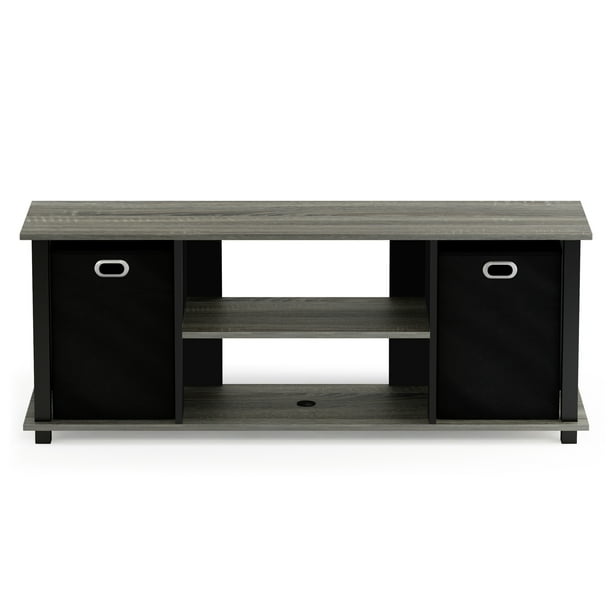 Furinno 13054 Econ Entertainment Center w/Storage Bins, French Oak Grey/Black/Black - open_box