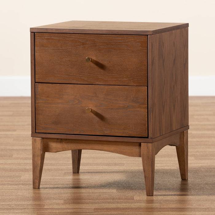 Baxton Studio Landis Mid-Century Modern Ash Walnut Finished Wood 2-Drawer Nightstand - new