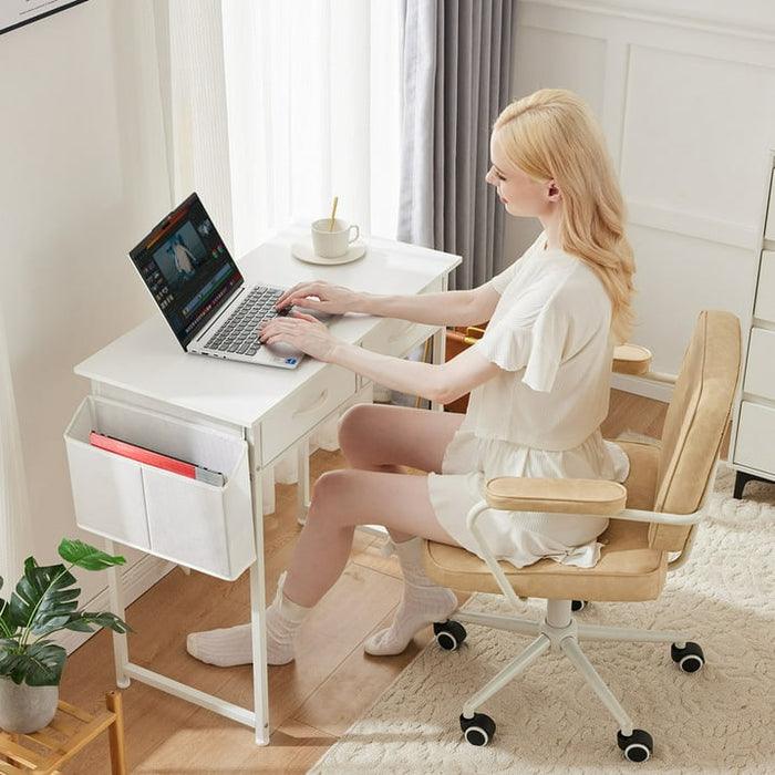 Gianna 32 Inch Desk with 2 Drawers Home Office Computer PC Table with Fabric Storage Bag, Study Writing Wood Deskboard for Small Spaces,White - open_box
