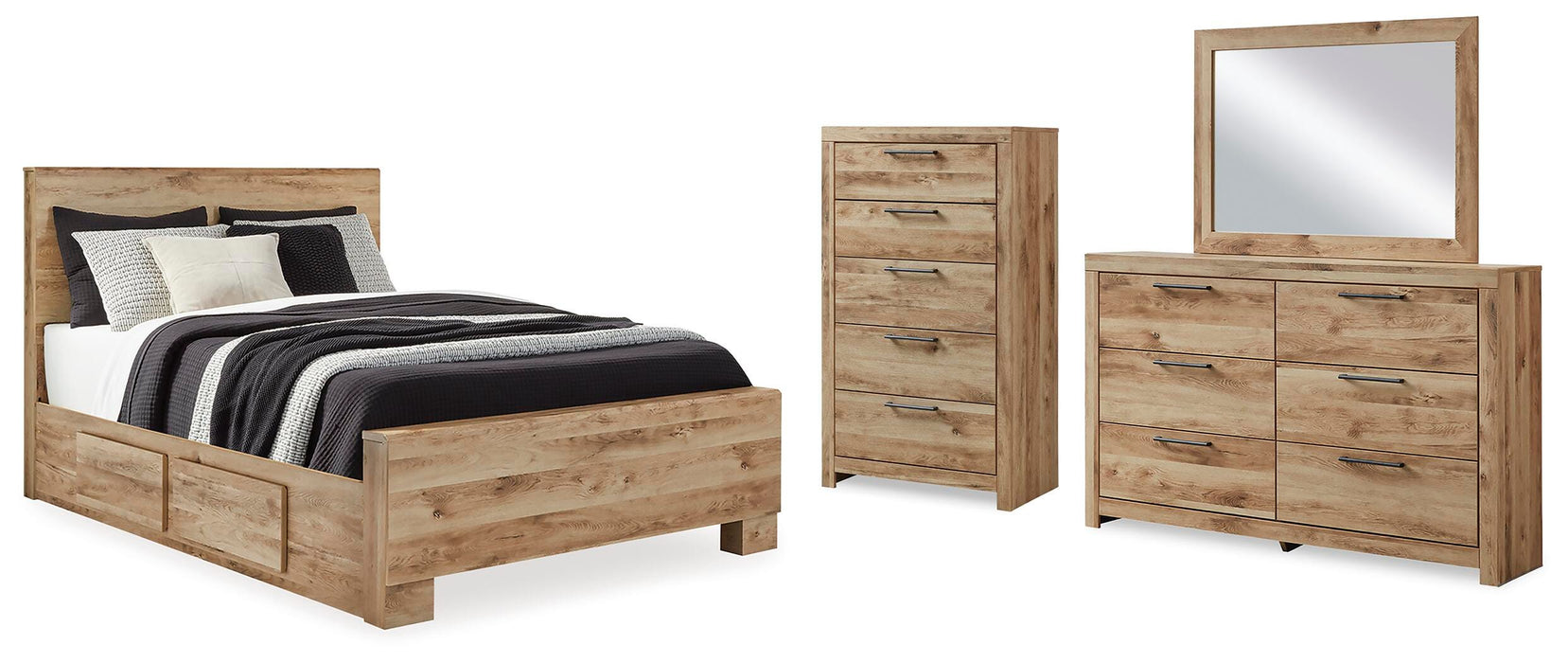 Hyanna Tan Brown Hyanna Queen Panel Bed with 2 Side Storage, Dresser, Mirror and Chest - Brand New