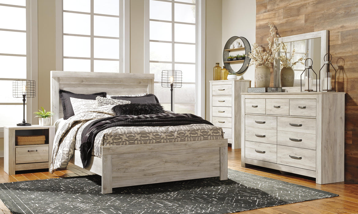 Bellaby Whitewash Bellaby Queen Panel Bed with Mirrored Dresser, Chest and Nightstand - Brand New