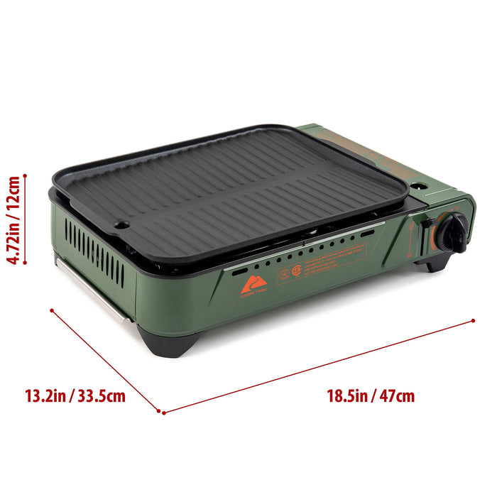 Ozark Trail Outdoor Butane Griddle, 7650 BTU, 15"x12" Cast Aluminum Griddle Fits 4 Burgers, CSA Approved, Green Color - new