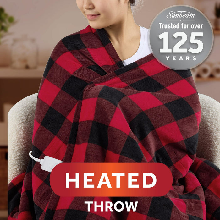 Sunbeam Electric Heated Throw Red/Black Plaid Microplush Faux Shearling 4 Heat 50x70 - new