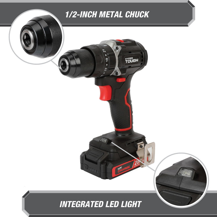 Hyper Tough 20V Max Brushless 2-Speed Cordless Hammer Drill with 1.5Ah Lithium-Ion Battery and Charger - open_box