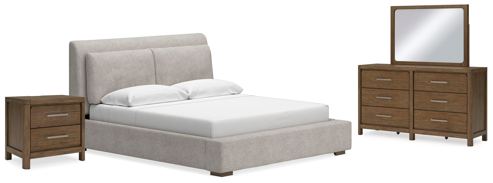 Cabalynn Light Brown Cabalynn California King Upholstered Bed with Mirrored Dresser and Nightstand