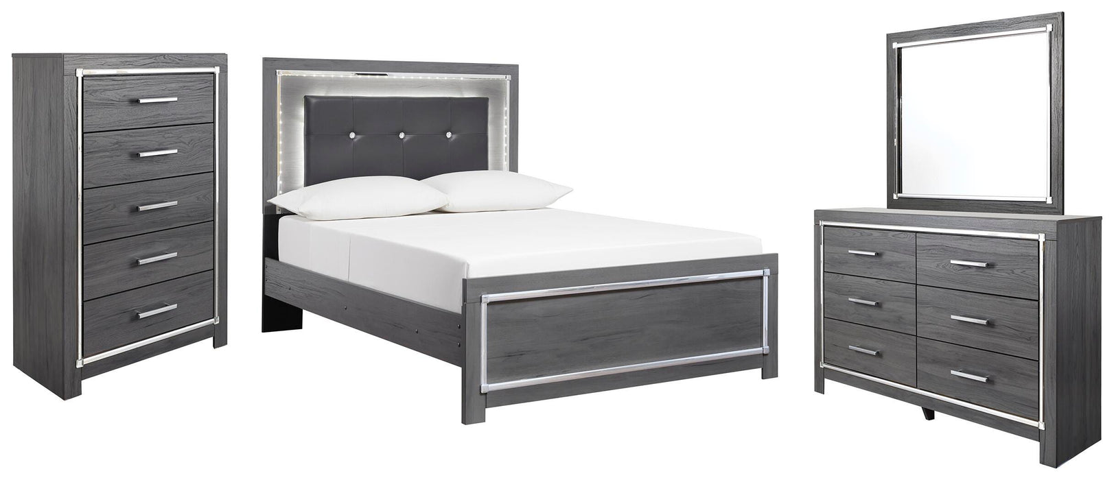 Lodanna Gray Lodanna Full Panel Bed with Mirrored Dresser and Chest