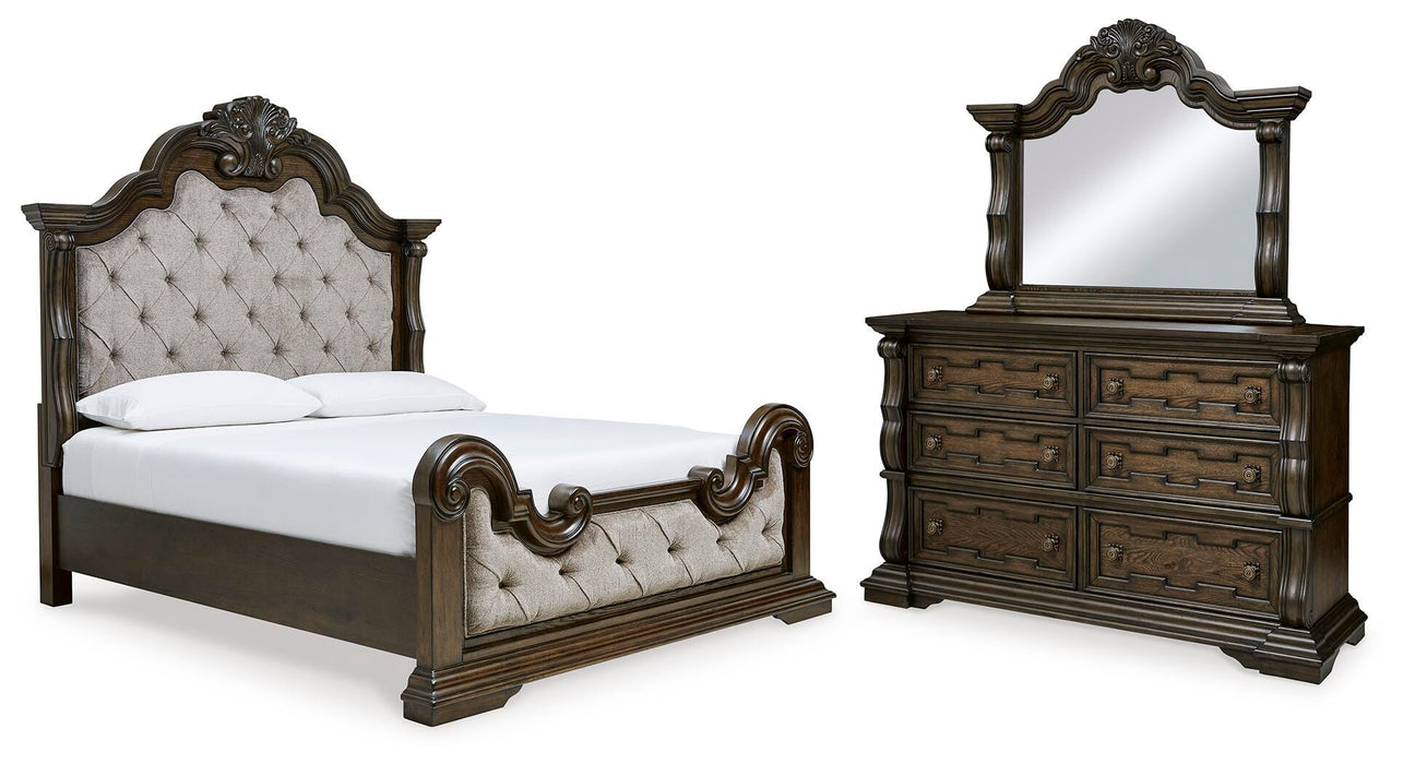 Maylee Dark Brown Maylee California King Upholstered Bed with Mirrored Dresser - Brand New