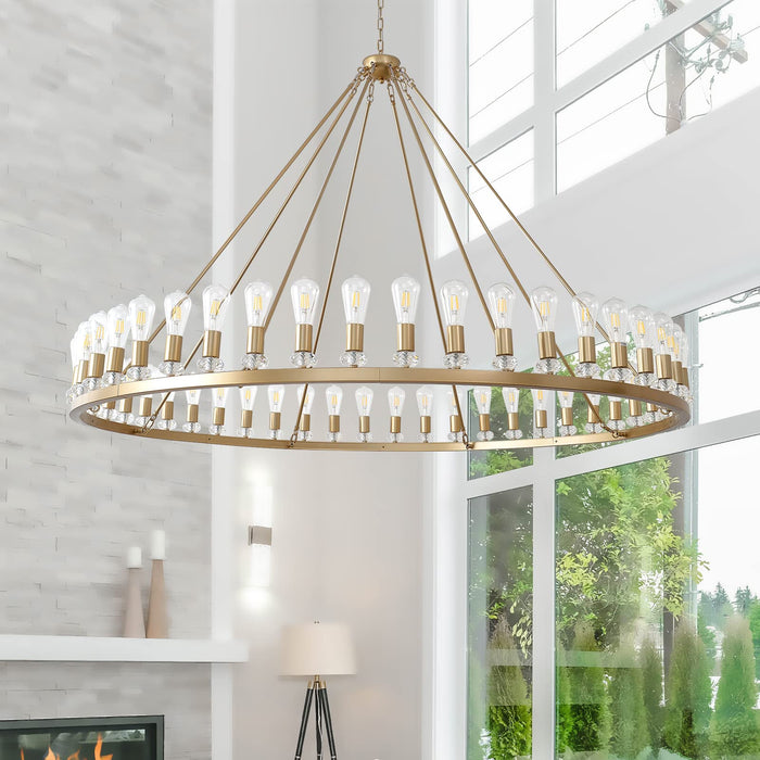 Rijatkiy 70 Inch Large Gold Wagon Wheel Chandelier, 48-Lights Vintage Farmhouse Light Fixture, Round Rustic Industrial Pendant Lighting for High Ceilings Living Room, Dining Room, Foyer - ne