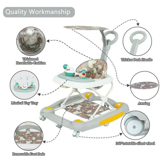 LHUAI 6-in-1 Baby Walker With Wheels, Bouncer, Removable Footrest, Feeding Tray & Music, Foldable & Adjustable Activity Walker For Boys And Girls, Toddler Infant, Grey - new