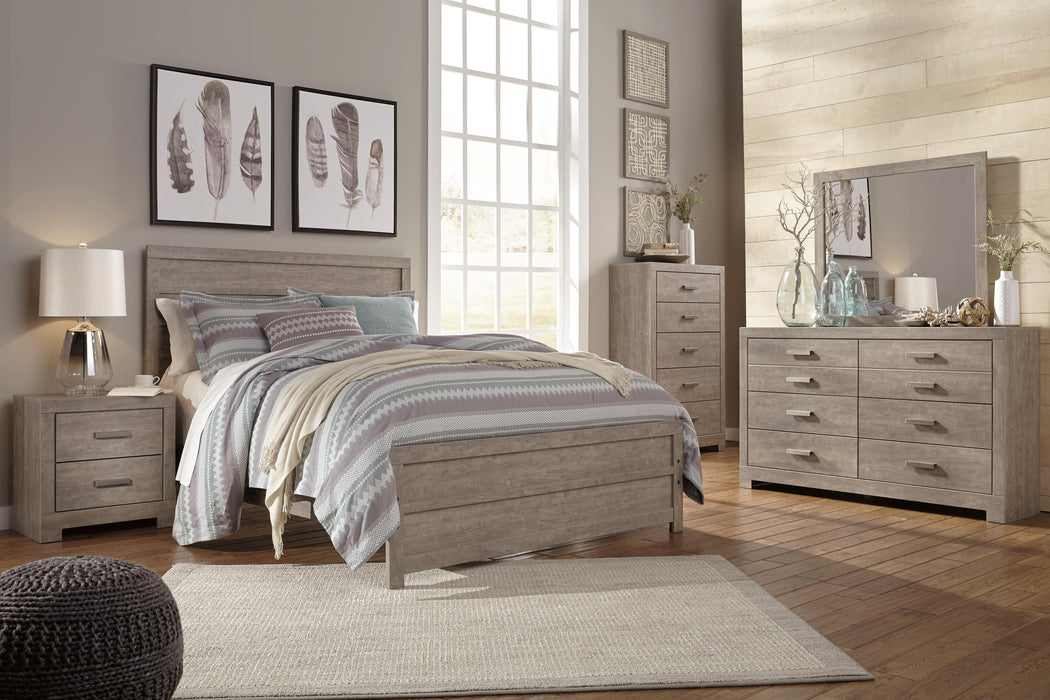 Culverbach Gray Culverbach Queen Panel Bed with Mirrored Dresser, Chest and Nightstand - Brand New