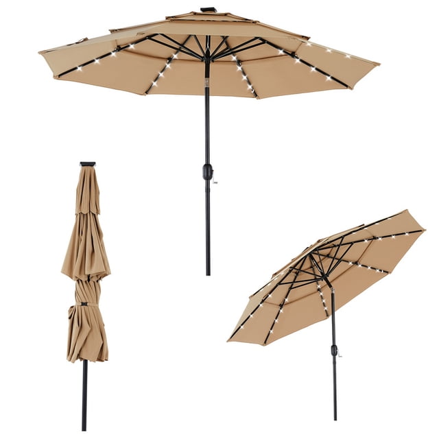 Gianna 10FT 3-Tier Solar Patio Umbrella with 32 LED Lights, Outdoor Umbrellas with Push Button Tilt and Crank,Khaki - new