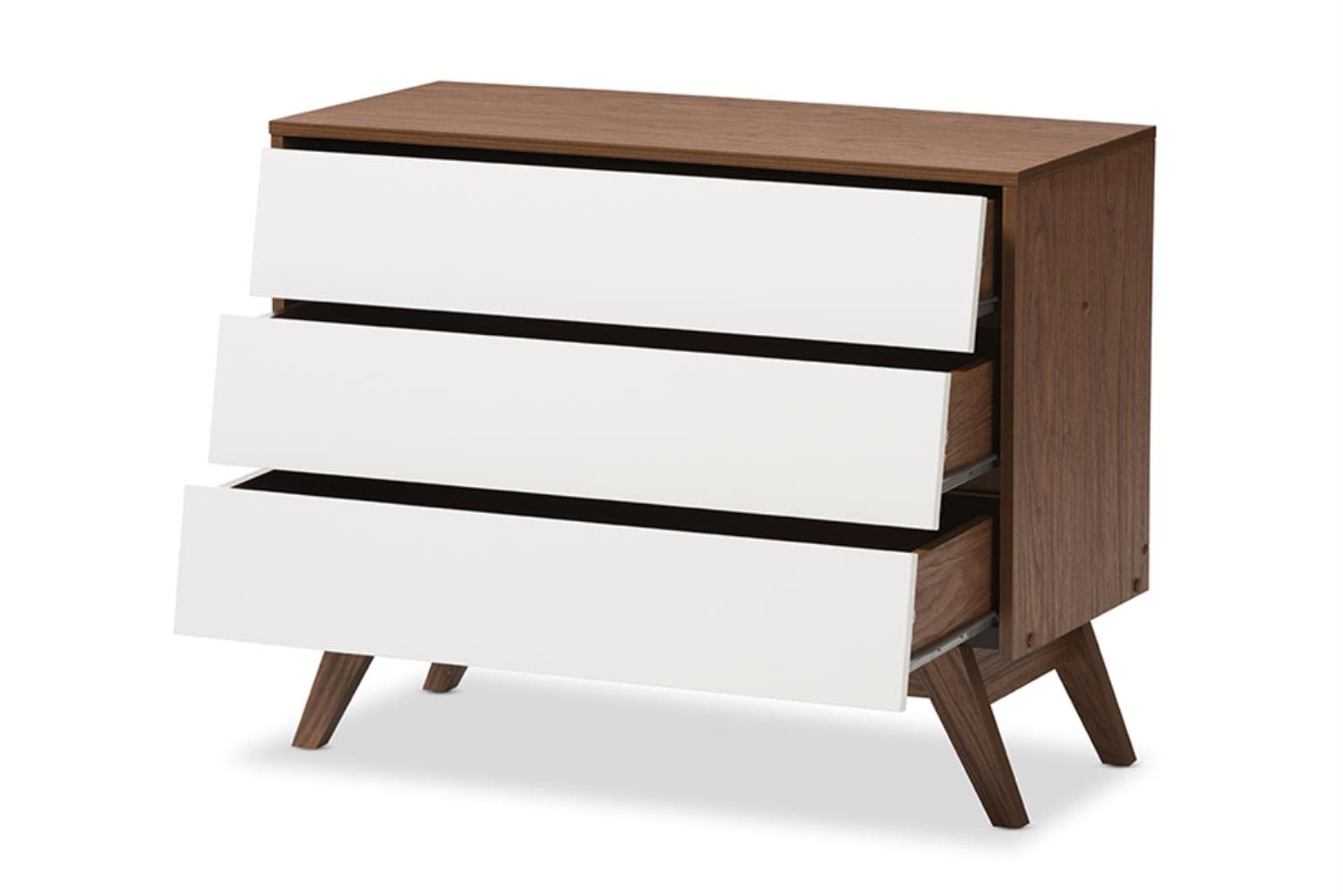 Baxton Studio Hildon Mid-Century Modern White and Walnut Wood 3-Drawer Storage Chest - new