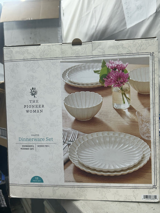 The Pioneer Woman Colette 12-Piece Stoneware Dinnerware Set, Cream - new