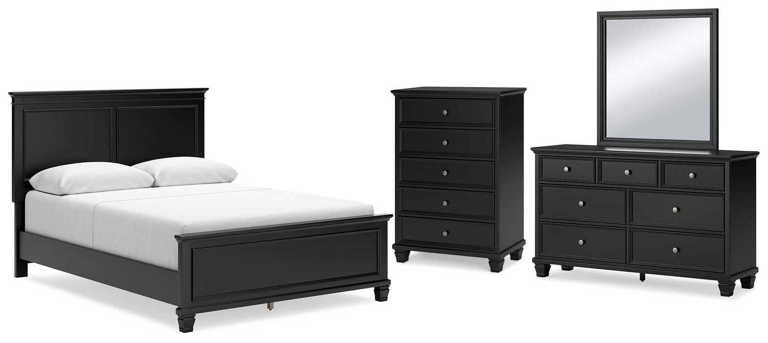 Lanolee Black Lanolee Queen Panel Bed with Mirrored Dresser and Chest - Brand New