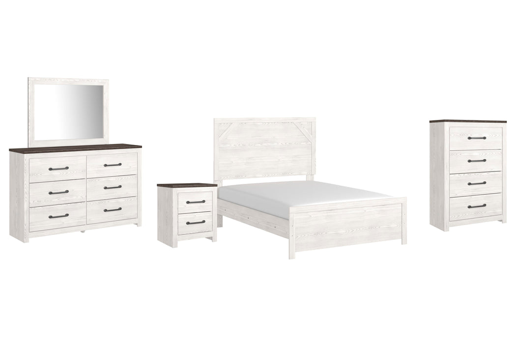 Gerridan White/Gray Gerridan Full Panel Bed with Mirrored Dresser, Chest and Nightstand
