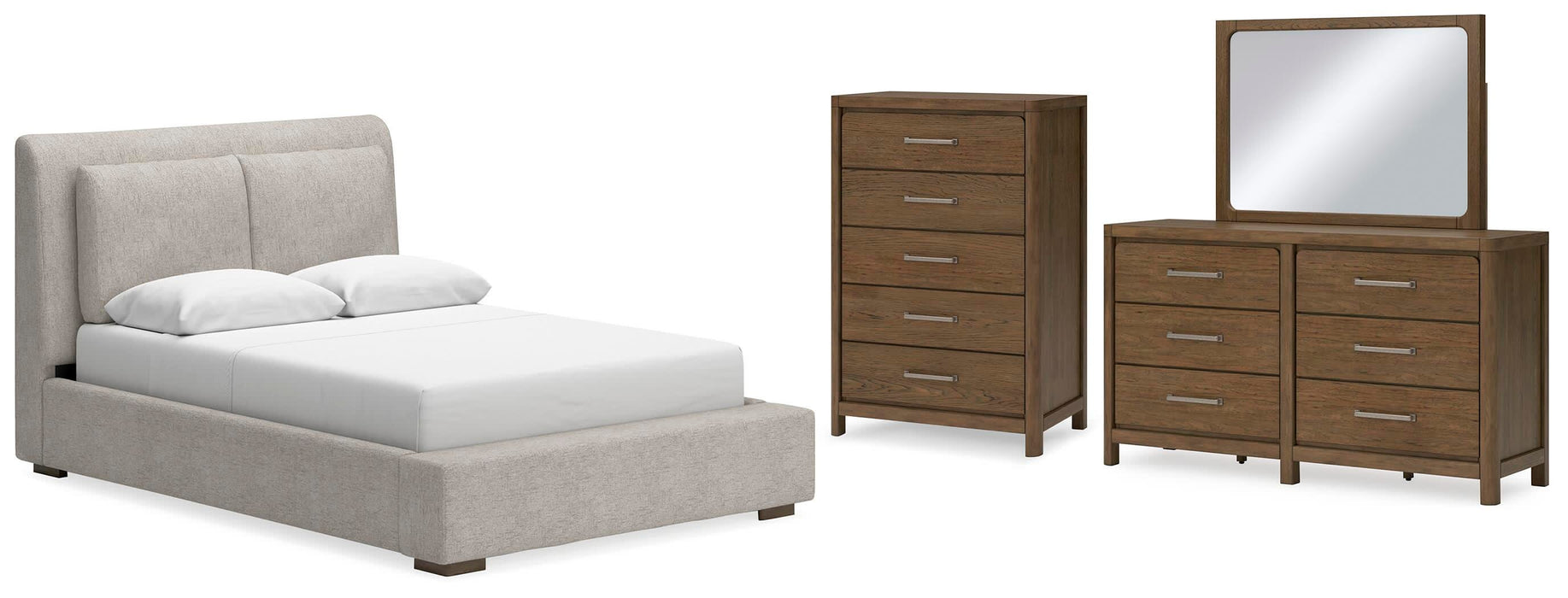 Cabalynn Light Brown Cabalynn Queen Upholstered Bed with Mirrored Dresser and Chest - Brand New