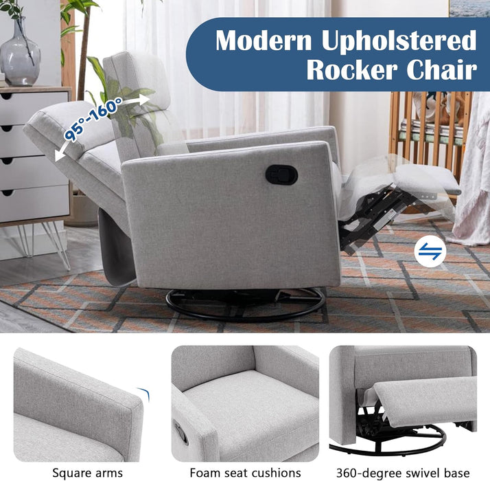 Merax Gray Modern Upholstered Manual Swivel Recliner Chair w/Headsupport Adjustable Nursery Glider Rocker for Living Room, Bedroom, Set of 1 - new