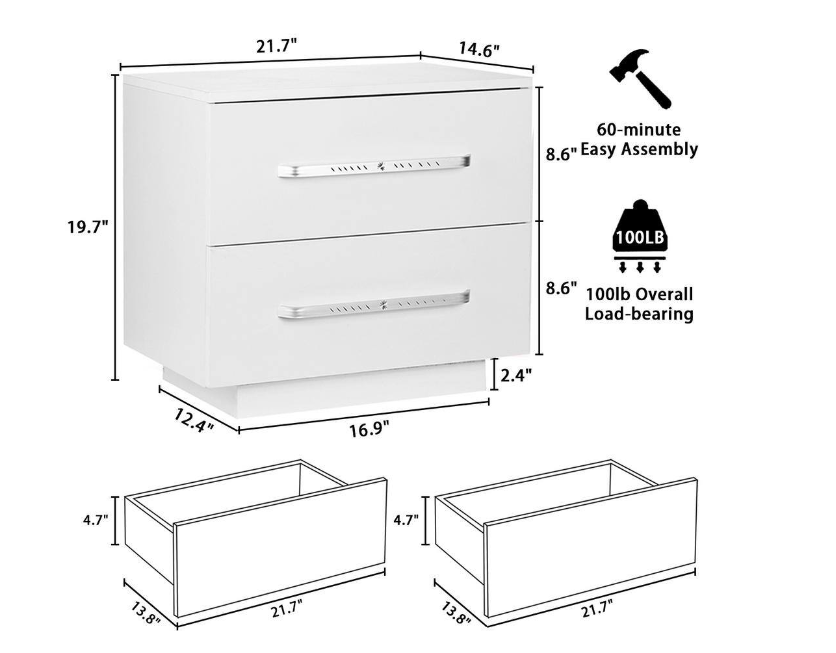 2-Drawer RGB LED White Nightstand 19.7 in. H x 21.7 in. W x 14.6 in. D - new