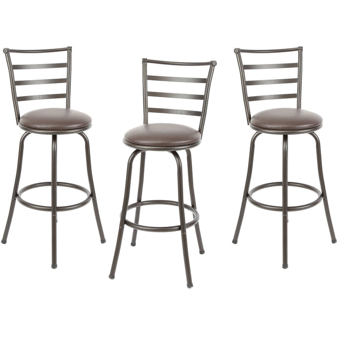 Mainstays 3 Pack Indoor Adjustable 24" or 29" Bronze Ladder Back Swivel Barstool, Espresso Vegan Leather Seat - new