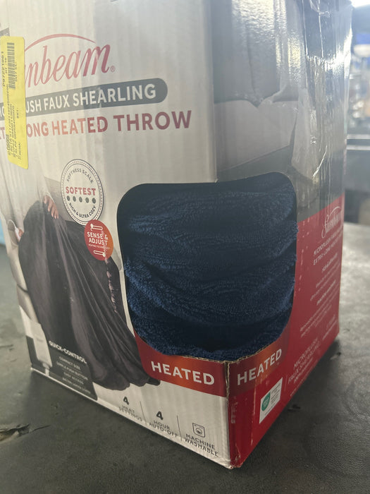 Sunbeam Electric Heated Throw Blanket Oversize Blue Corduroy Microplush 4 Heat Settings - open_box