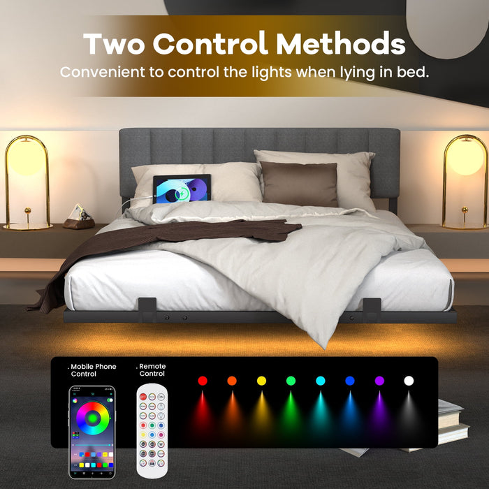 Behost Queen Size Bed Frame Floating Platform Upholstered with LED Lighting and Built-in Charging Station, Metal Frame, Gray - new