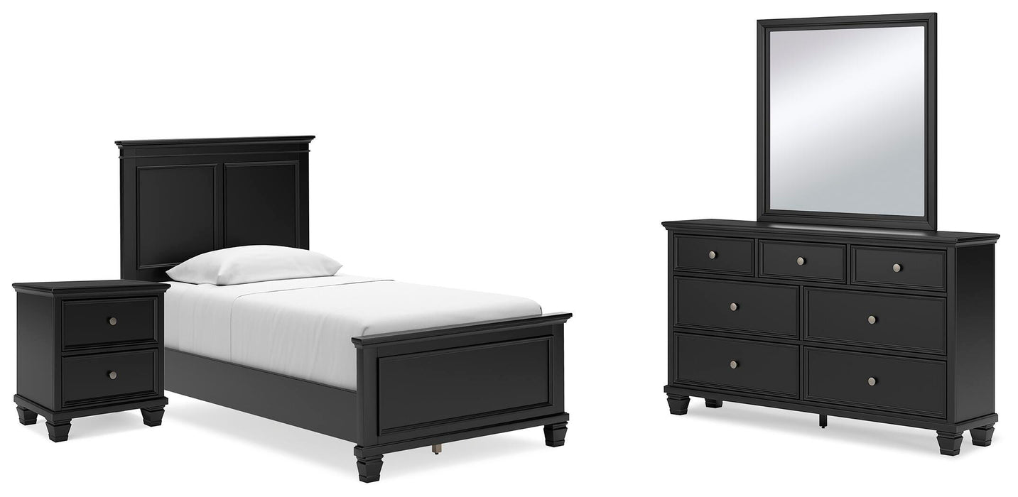 Lanolee Black Lanolee Twin Panel Bed with Mirrored Dresser and Nightstand - Brand New