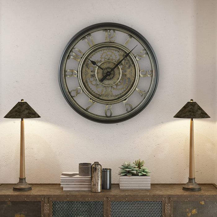 Better Homes and Gardens 20 Indoor Rustic Metal Arabic Moving Gear Analog Wall Clock - open_box