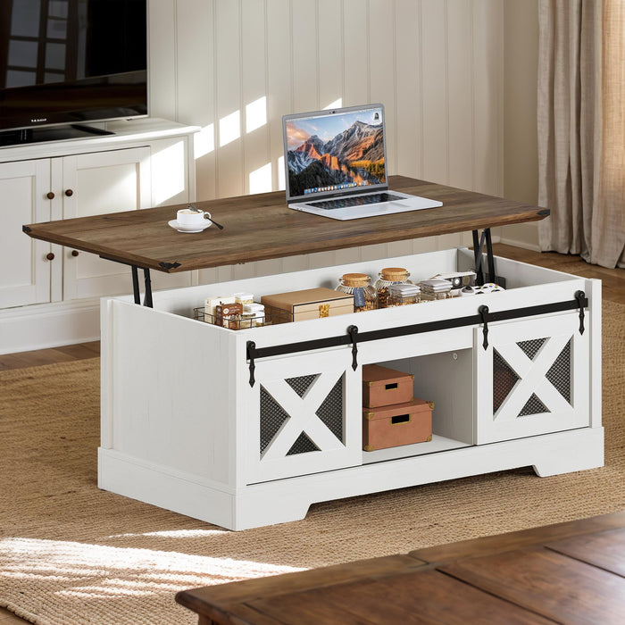 DWVO Farmhouse Lift Top Coffee Table with Storage & Sliding Door, Rustic Center Table for Living Room, White and Brown - open_box